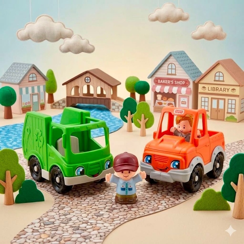 Fisher Price Little People Pickup & Recycling Garbage Truck Lot w/ Figures LP